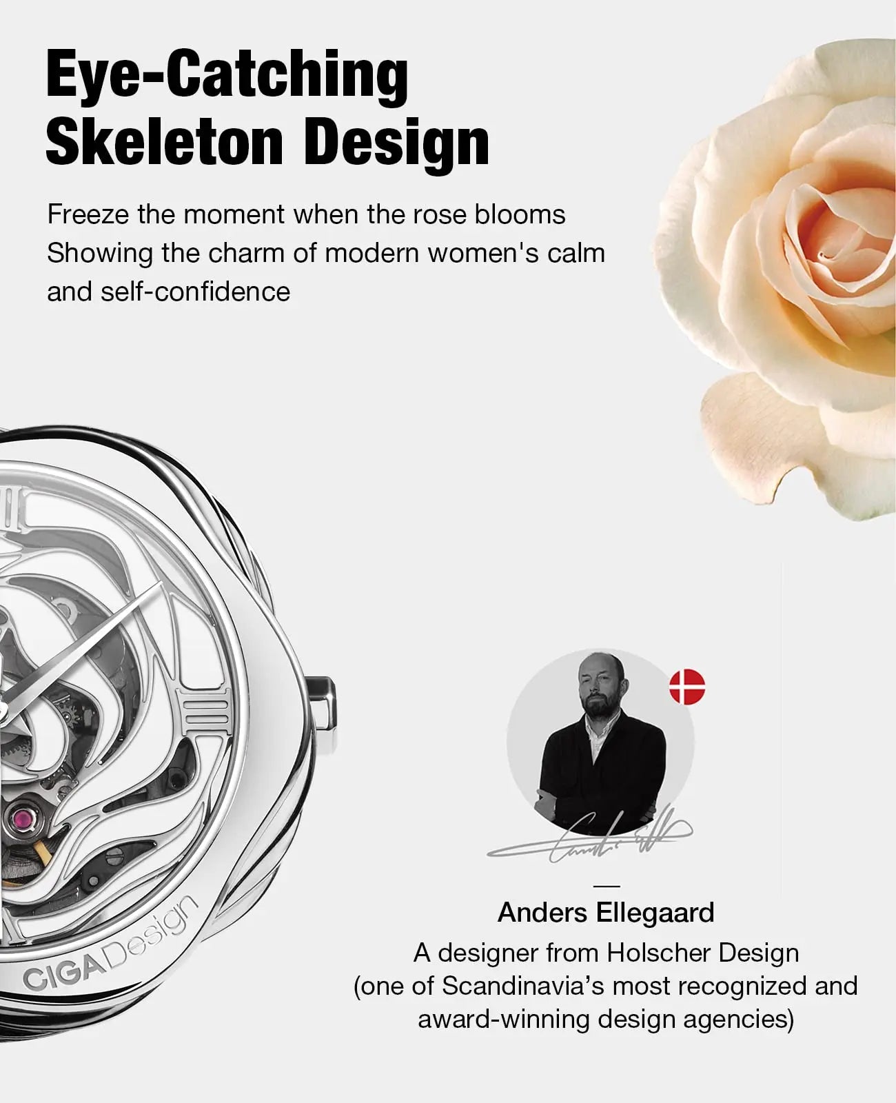 CIGA Design Automatic Watches for Women Denmark Rose Skeleton Mechanical / Japan Quartz Wristwatch Lady Elegant Wrist Timepiece
