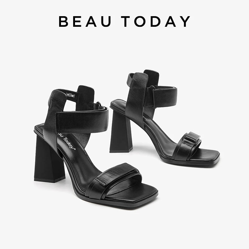 BEAUTODAY High Heel Sandals Women Cow Leather Hook Loop Design Square Toe Elegant Ladies Party Wedding Shoes Handmade 31274