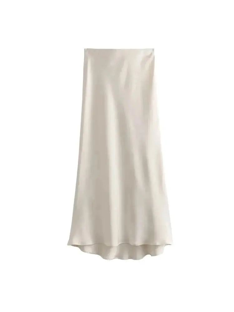 Women's Soft Touch Silk-Like Midi Skirt High Waist Elastic Waistband Chic Fashion Female Skirts Elegant Mujer