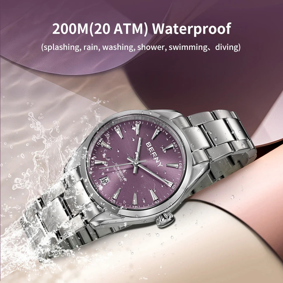 BERNY Automatic Women Watch PT5000 Sapphire Mechanical Elegant Women's Swim Watches 20ATM Full Stainless steel Swim Wristwatch