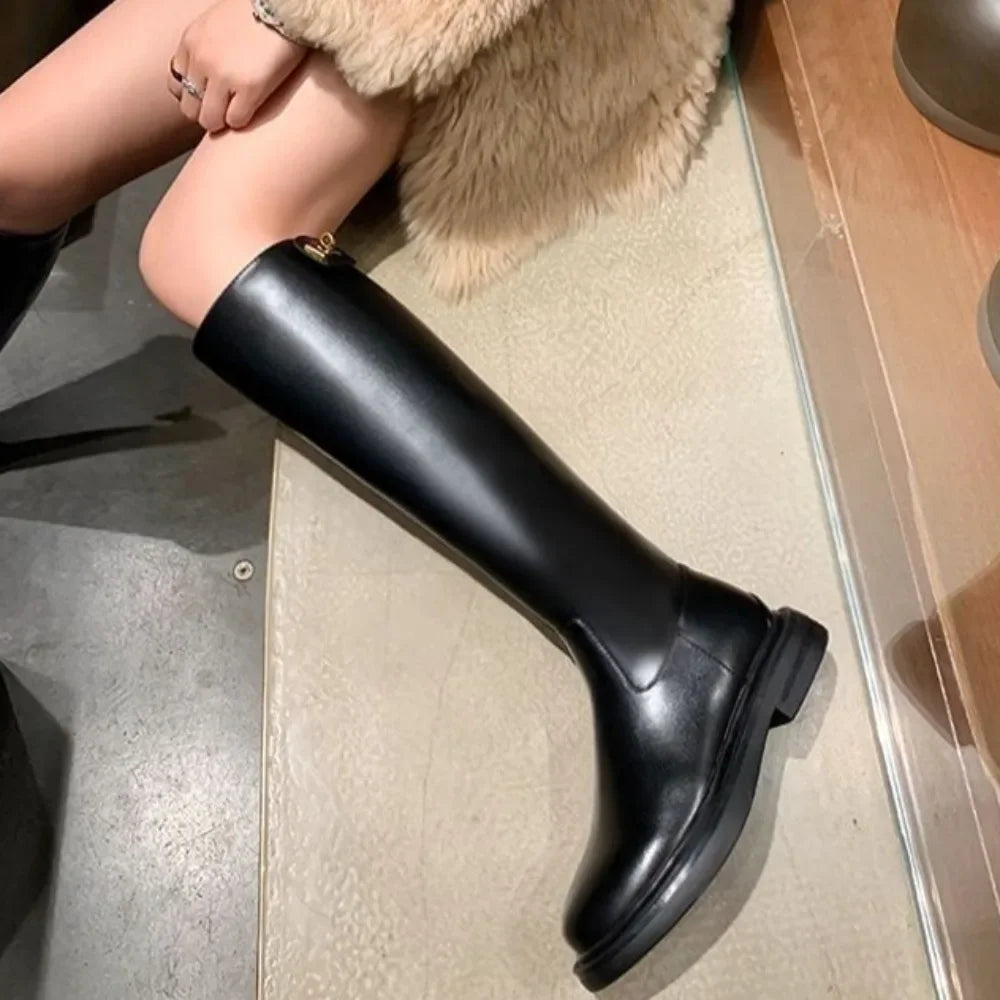 Women's Long Boots Leather Elegant With Low Heels Ladies Knee High Shaft Shoes 2024 New Y2k Demi-season Designer Luxury Fashion