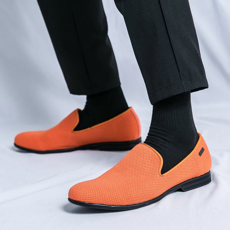 Orange Luxury Male Formal Shoes Summer Knit Breathable Oxfords Shoes Men Slip-on Pointed Toe Dress Loafers Men's Elegant Shoes