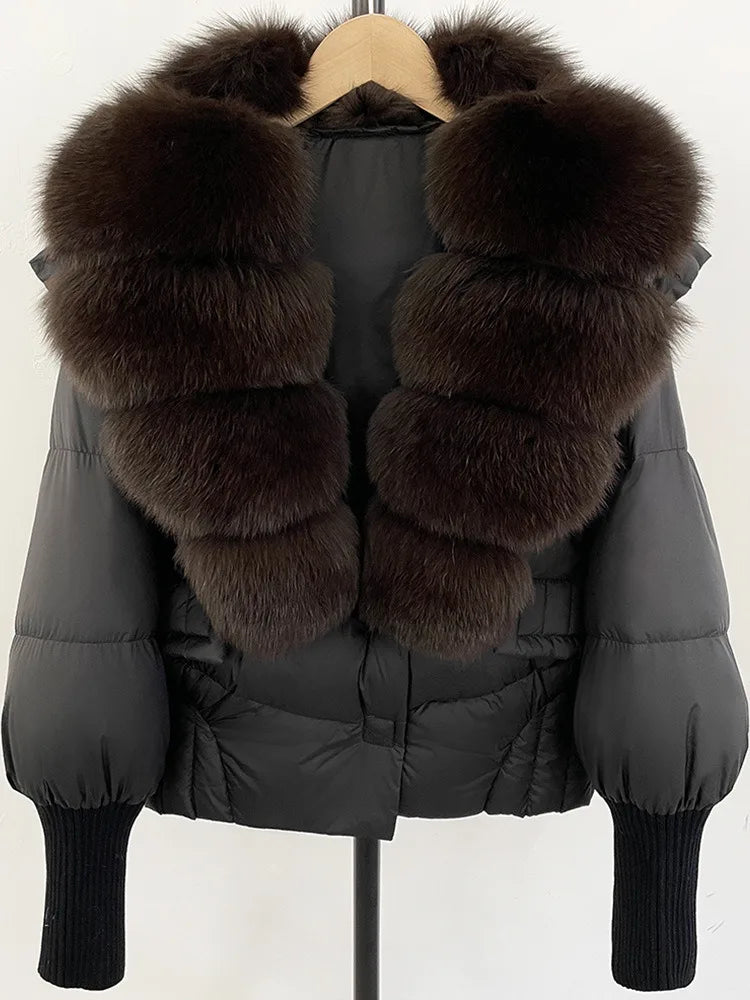 ZMEENNA Women's Black Puffer Down Jacket With Large Real Fur Collar Short Warm Winter Coat Knit Cuffs Elegant Outerwear ZM3377