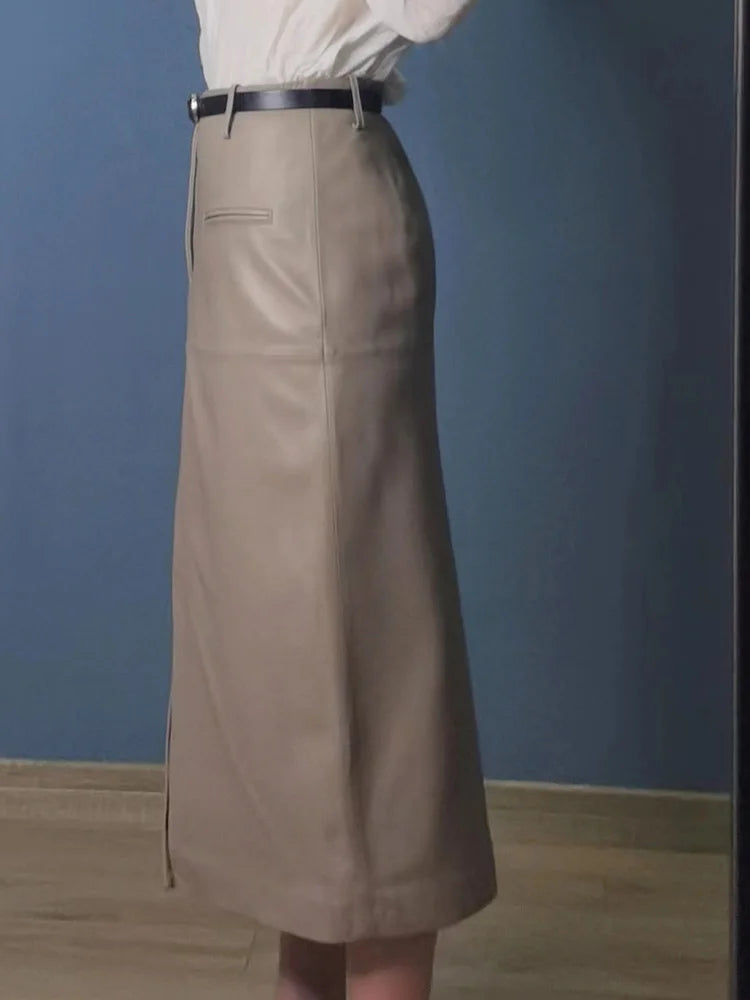 Women Long Leather Skirt 2025 Winter Euro-American Calf Length 100% Sheepskin Slim Pencil Skirt With Belt Femme Front Split Saia