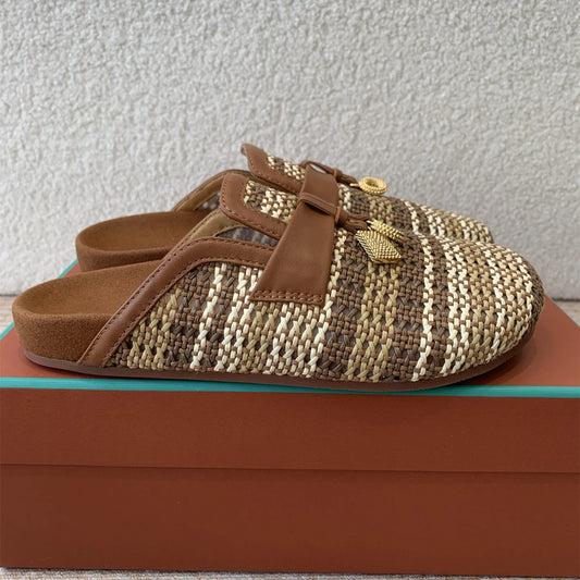 Spring Summer Women Slippers Fashion Weaving Genuine Leather Slippers Round Toe Mules Runway Outfit Slides Flats Shoes Woman 41