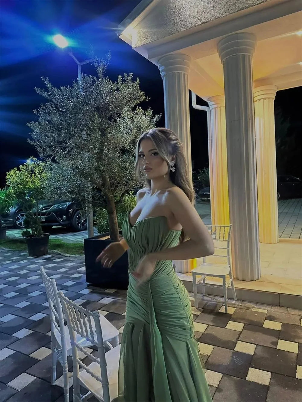 Cathy Customize Olive Green Pleated Chiffon Prom Dress V Neck Lace-up vestidos de noiva Floor-length Sheath Evening Dresses 2025