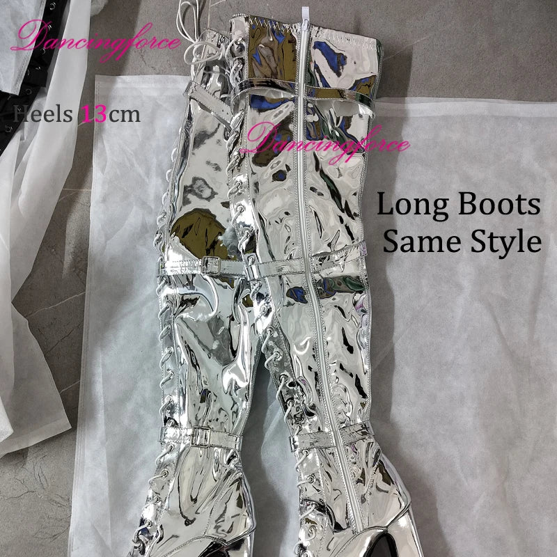 Sexy Green 13cm Chunky Heels Over Knee Boots 3 Buckles Belts Thick Platform Nightclub Party Dance Thigh High Long Boots Women