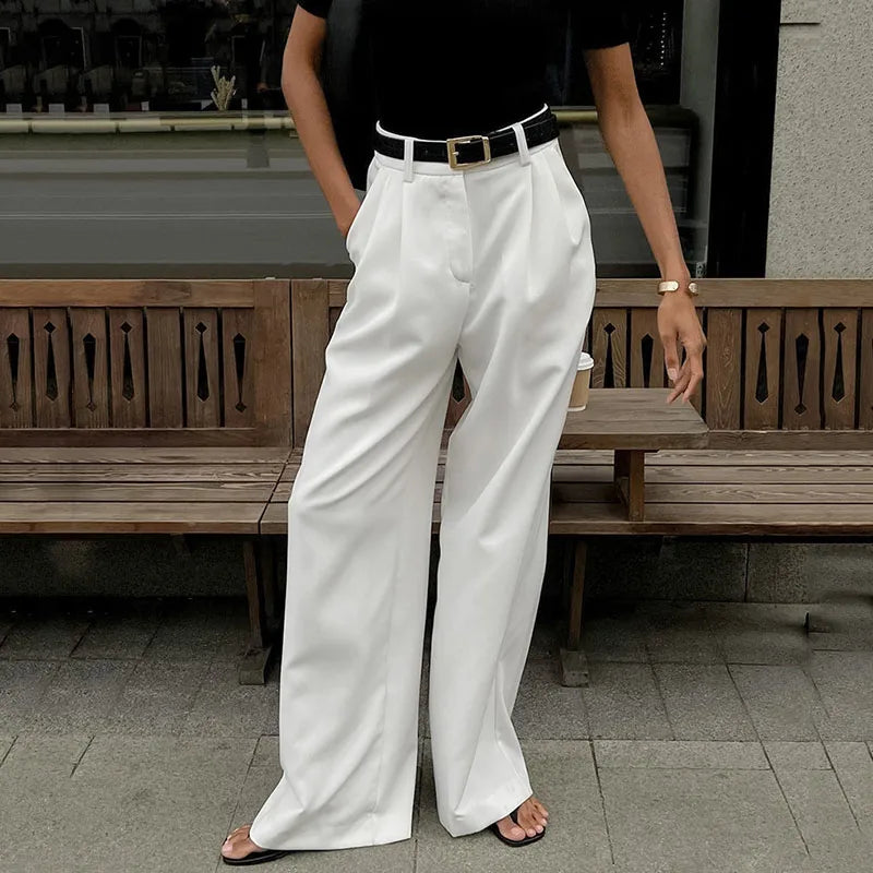2025 Autumn New White High-Waisted Wide Leg Pants Women Versatile Simple Office Lady Suit Pants Casual Loose Straight Trousers