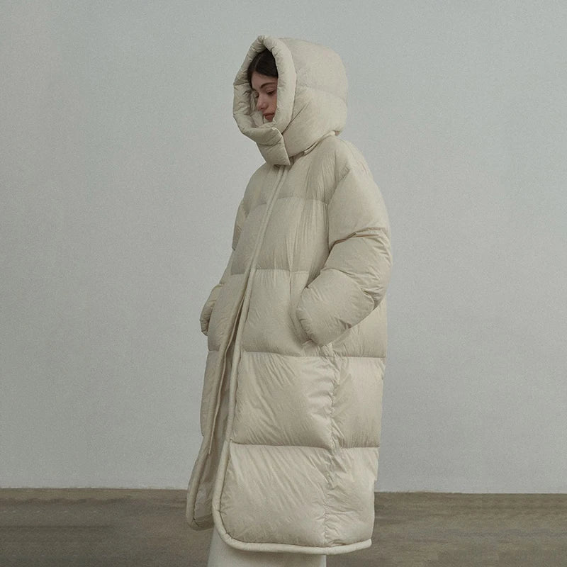 Winter Hooded Mid-length Down Jacket Women Loose Thick 90 White Duck Down Jacket Female Windproof Long Over Knee Down Parka Coat