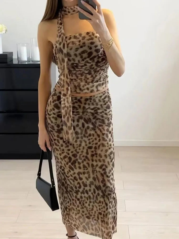 Women's tulle leopard print top shoulder straight neck and leopard print straight skirt summer casual girls two-piece set
