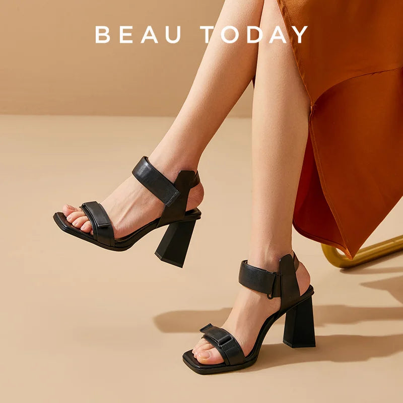 BEAUTODAY High Heel Sandals Women Cow Leather Hook Loop Design Square Toe Elegant Ladies Party Wedding Shoes Handmade 31274