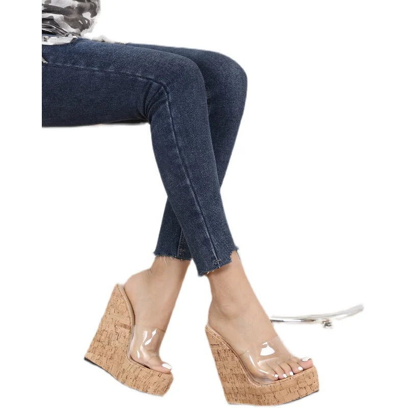 New PVC Transparent Open Toe Platform High Heels Sexy Slippers Fashion Wooden Thick Bottom Wedges Shoes For Women Sandals