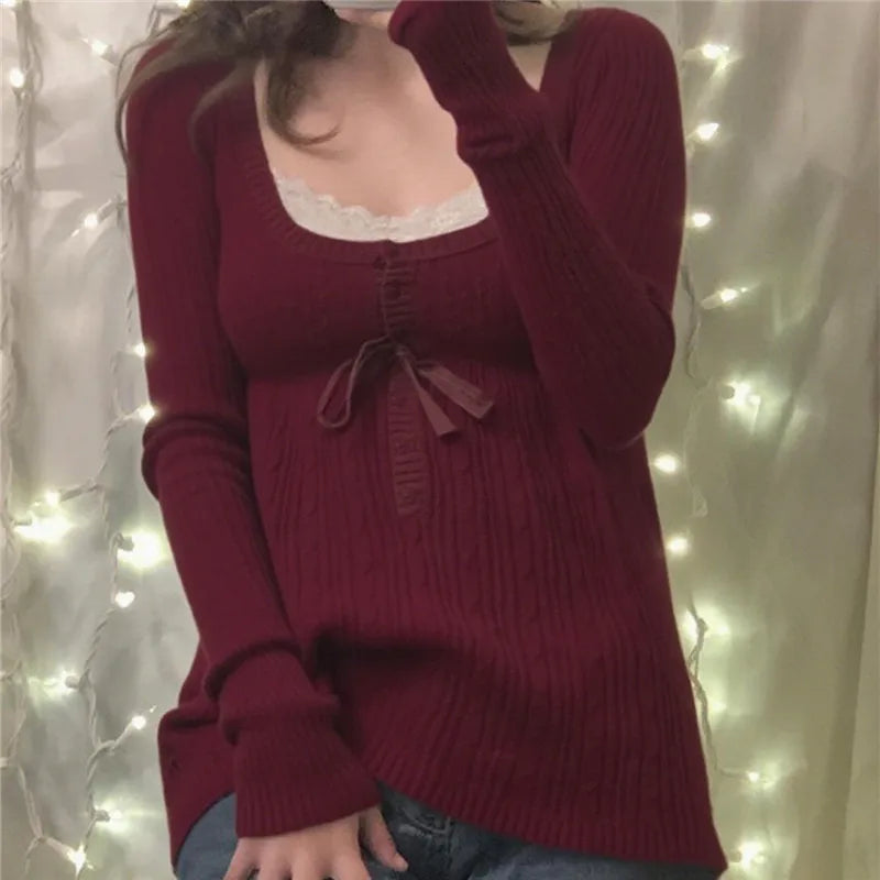 Women Y2K Fairy Grunge Long Sleeve Sweater Aesthetic Button Up Babydoll Knit Tops Square Neck Harajuku Tunic Knitwear