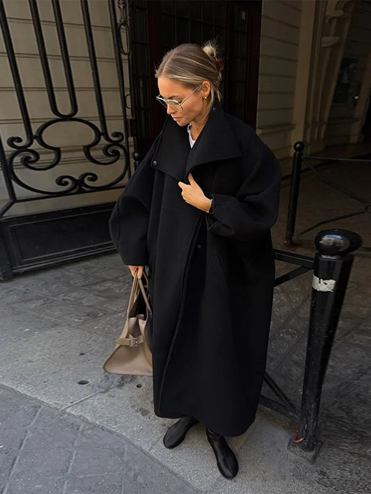 Chic Stand Collar Long Woolen Coat Women Puff Sleeve Single Breasted Loose Warm Overcoat 2025 Autumn Winter Lady Outwear New