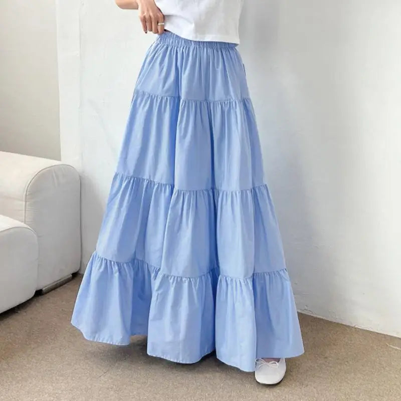 ZANZEA Women Korean Fashion Tiered Maxi Skirt Elastic Waist Casual Solid Color A-line Faldas Mujer Holiday Streetwear Long Jupes
