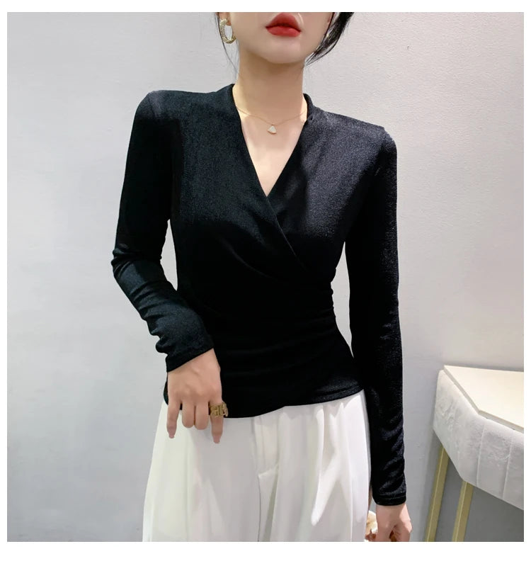Autumn Spring Crossed V Neck Folds T Shirts Lady Long Sleeve High Stretch Tops Elegant Soft Tee Shirt  For Woman HF8705