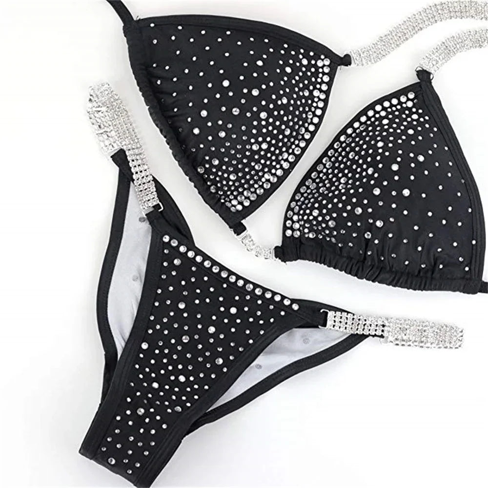 NPC IFBB Competition Bikini Posing Suit for Women Rhinestone Connectors Scrunch Bikini