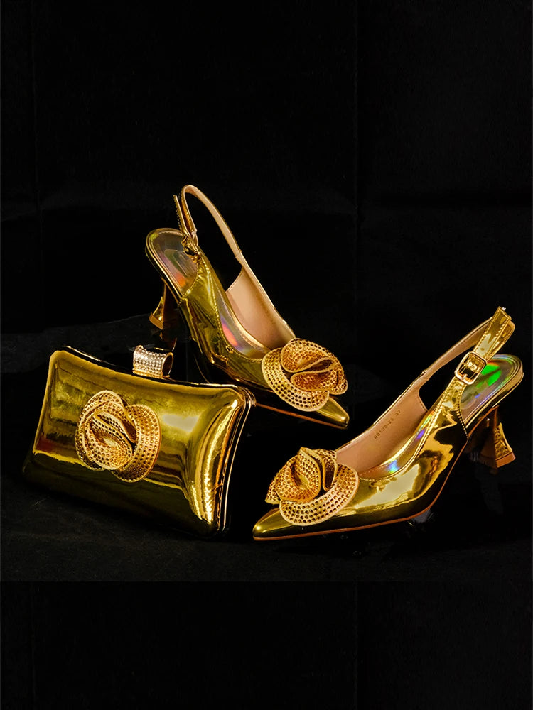2024 Fashionable Designed Gold Elegant Shoe Bag Bright Banquet African Women's tie Pointed Toe High Heels Shoes Wedding Party