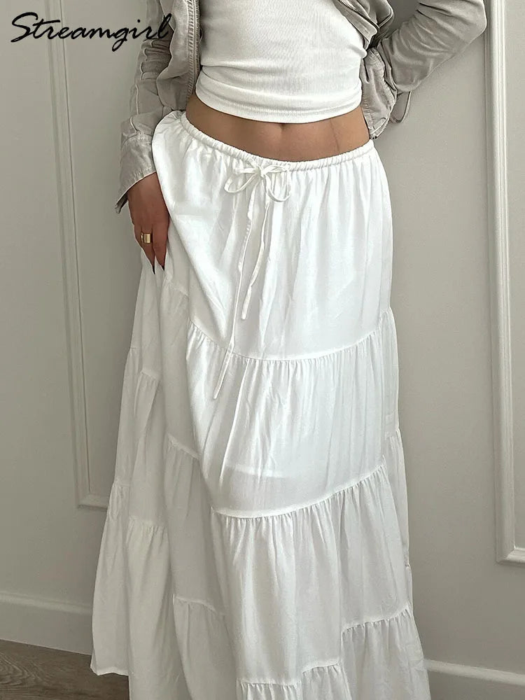 Brown Long Skirt Women Summer Cotton Ruffle Floral Skirt Woman Luxury Green Tie Up Loose White Women Long Skirts High Waisted