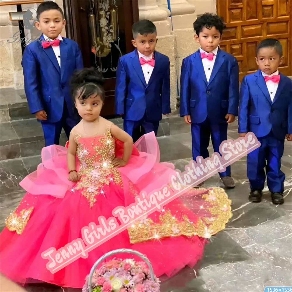 Rose Pink Girl Party Long Dresses Gold Appliqued Wedding 2025 Customized Birthday Pageant Feast Events Dress