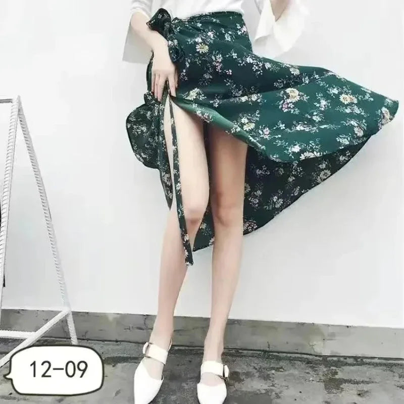 Summer Beach Floral Skirt for Women Cotton High Waist Wrap Maxi Skirt Long with Side Slit & Tie Detail Boho Style Design