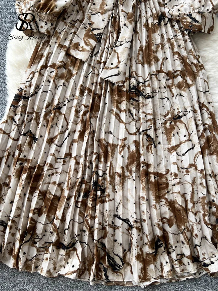 SINGREINY France Vintage Print Long Dress 2025 Autumn Sashes Pleated Maxi Dresses Female Elegant High Quality Large Swing Dress