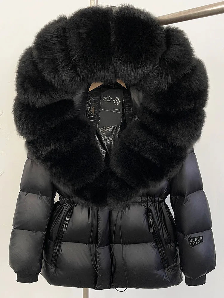 ZMEENNA Women's Black Puffer Down Jacket With Oversized Real Fur Hood Winter Warm Coat Luxurious Quilted Outerwear ZM3375