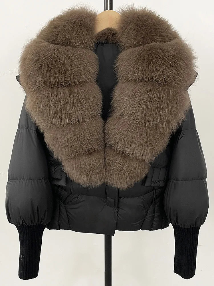 ZMEENNA Women's Black Puffer Down Jacket With Large Real Fur Collar Short Warm Winter Coat Knit Cuffs Elegant Outerwear ZM3377