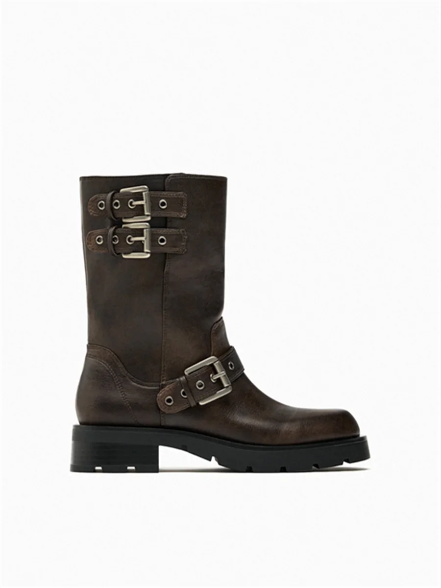 Women's Western Knight BootsWith Thi Heel And Belt Bule round Toe Motorcycle Boots  Boots Brown Autumn Winter