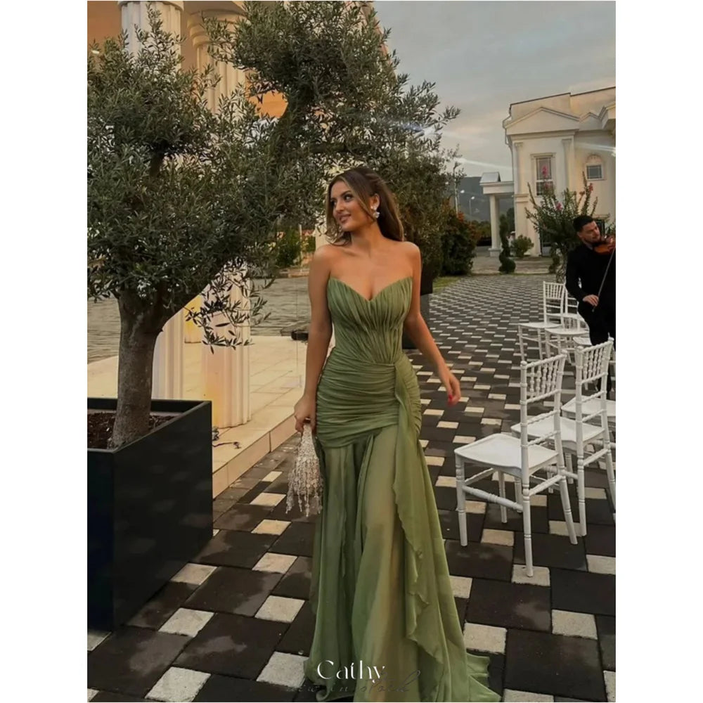 Cathy Customize Olive Green Pleated Chiffon Prom Dress V Neck Lace-up vestidos de noiva Floor-length Sheath Evening Dresses 2025