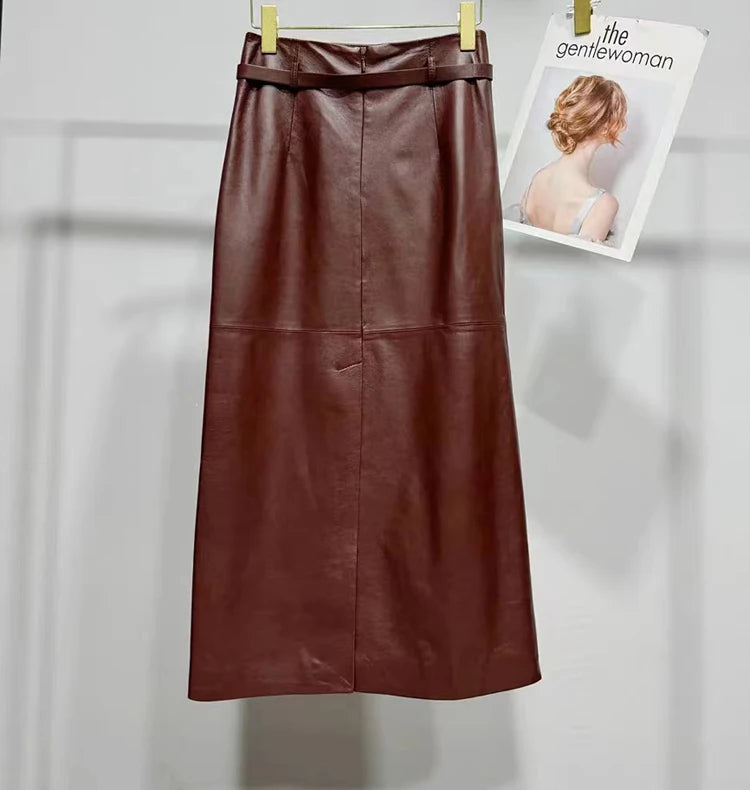 Women's Ankle Long Leather Skirt with Waist Belt Female Soft genuine Leather Back Split Straight Jupe Slimming 85 cm Maxi Faldas