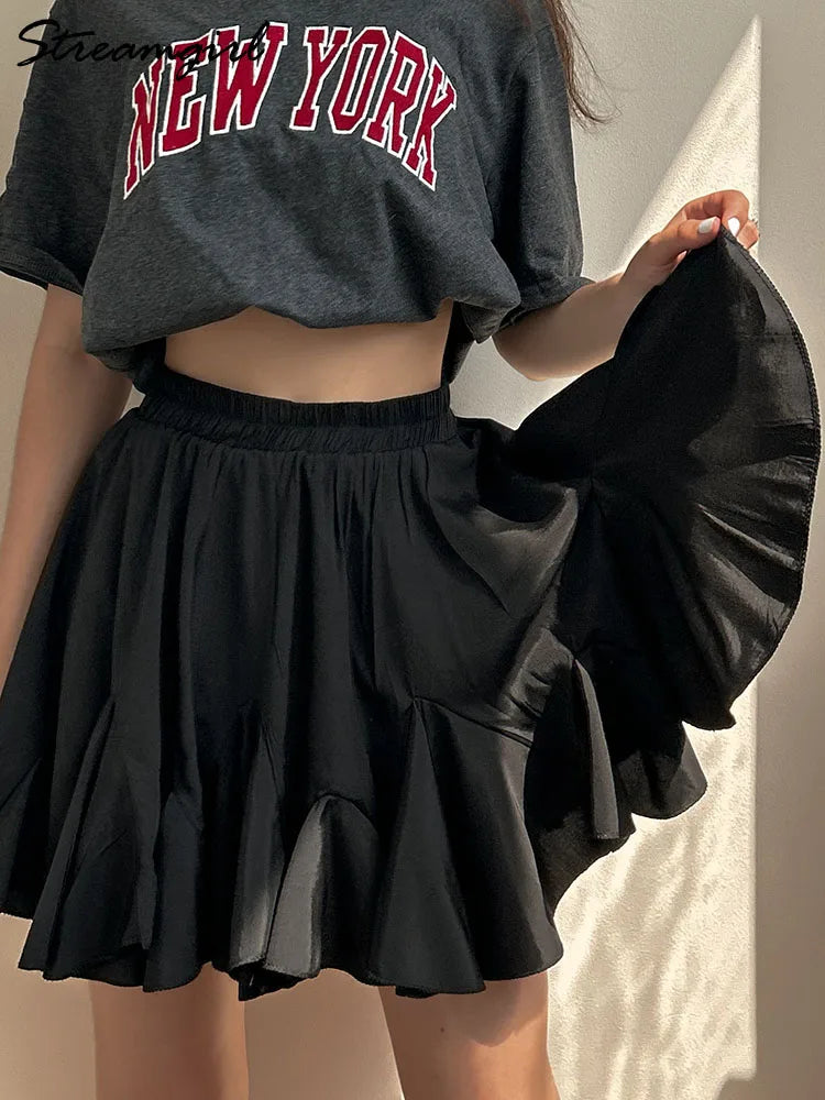 White Mini Ruffled Skirt Women Summer Elastic Waist Irregular Chiffon Skirts With Shorts Black Women's Pleated Skirt Mini 2025