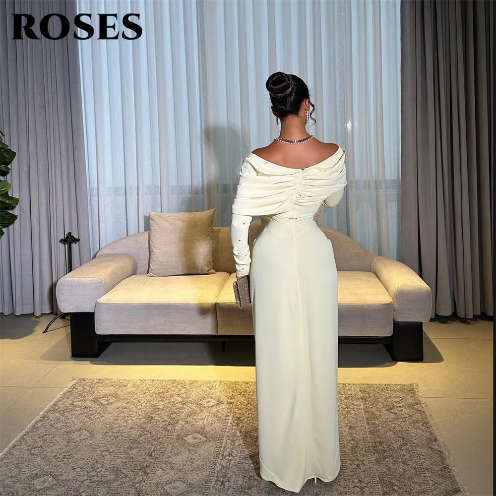 ROSES Light Yellow Evening Dresses Off the Shoulder Long Sleeves Party Dress with Ruched and Rhinestones Prom Gown Customized