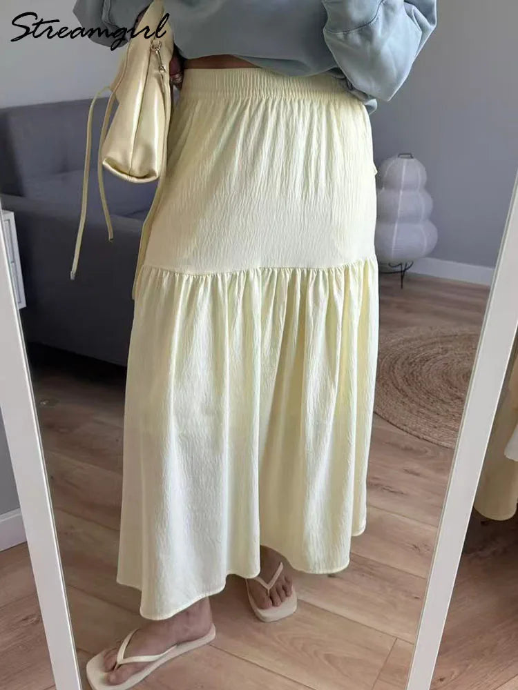 White Long Cake Skirt Women Summer Loose Yellow Skirts Ruffles Female High Waist Lazy Cake Midi Skirts With Pockets A Line Pink