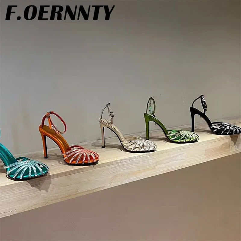 Summer New Rhinestone Closed Toe Runway Sandals Women Weave Hollow Stiletto Sandals Sexy Ankle Strap Crystal Sandals Women