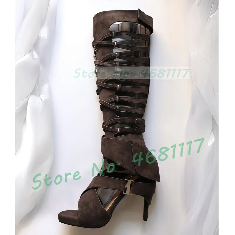 Grey Belt Buckles Tall Sandal Boots Women Trendy Sexy Puttee Cross Strap Heeled Shoes Ladies Open Toe White Flock Hollow Sandals