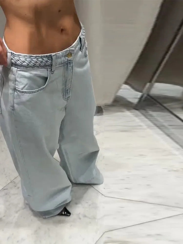 Braided Twist Jeans Woman Low Waist Full Length Loose Wide Leg Trousers Female 2025 Spring Summer New Fashion Street Denim Pants