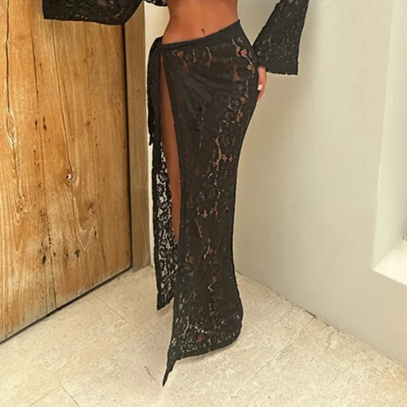 Sexy Lace Skirt Sets Women's Flare Sleeve Crop Top Slit Bandage Long Skirts Cover Up 2025 New Fashion Beach Vacation Cover-up