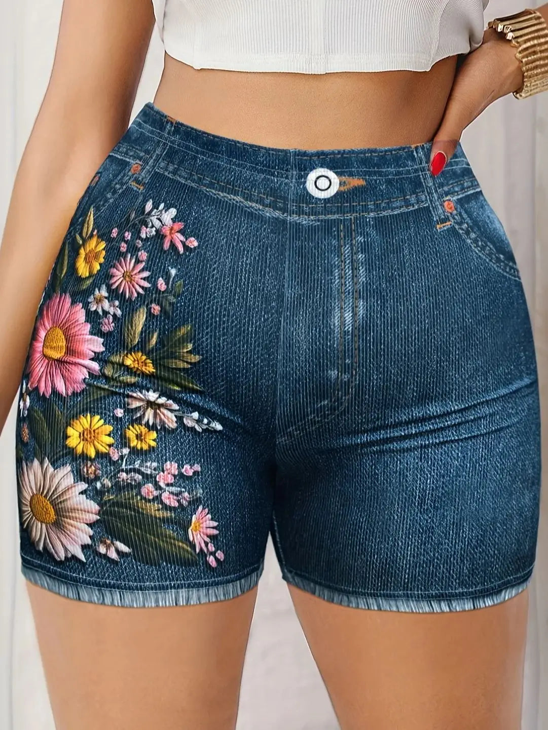 Women's Stretch Denim Like Shorts with Floral Print Design Casual  Versatile Summer Style