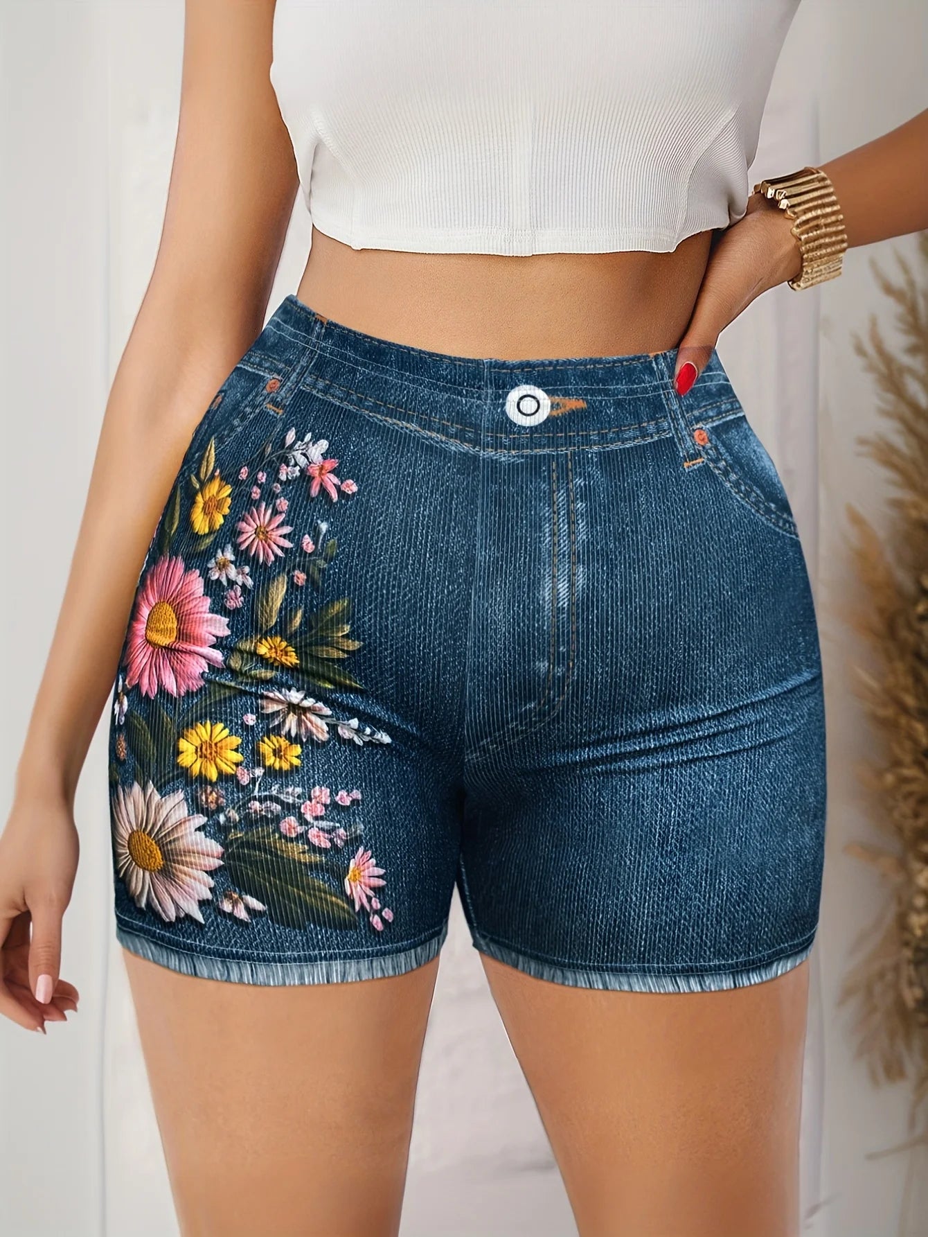 Women's Stretch Denim Like Shorts with Floral Print Design Casual  Versatile Summer Style
