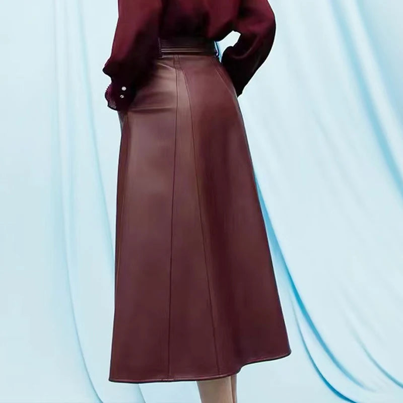Burgundy Long Leather Skirt for Women 2025 Branded New French Elegant Genuine Sheepskin Umbrella Longuette With Belt Jupe Femme
