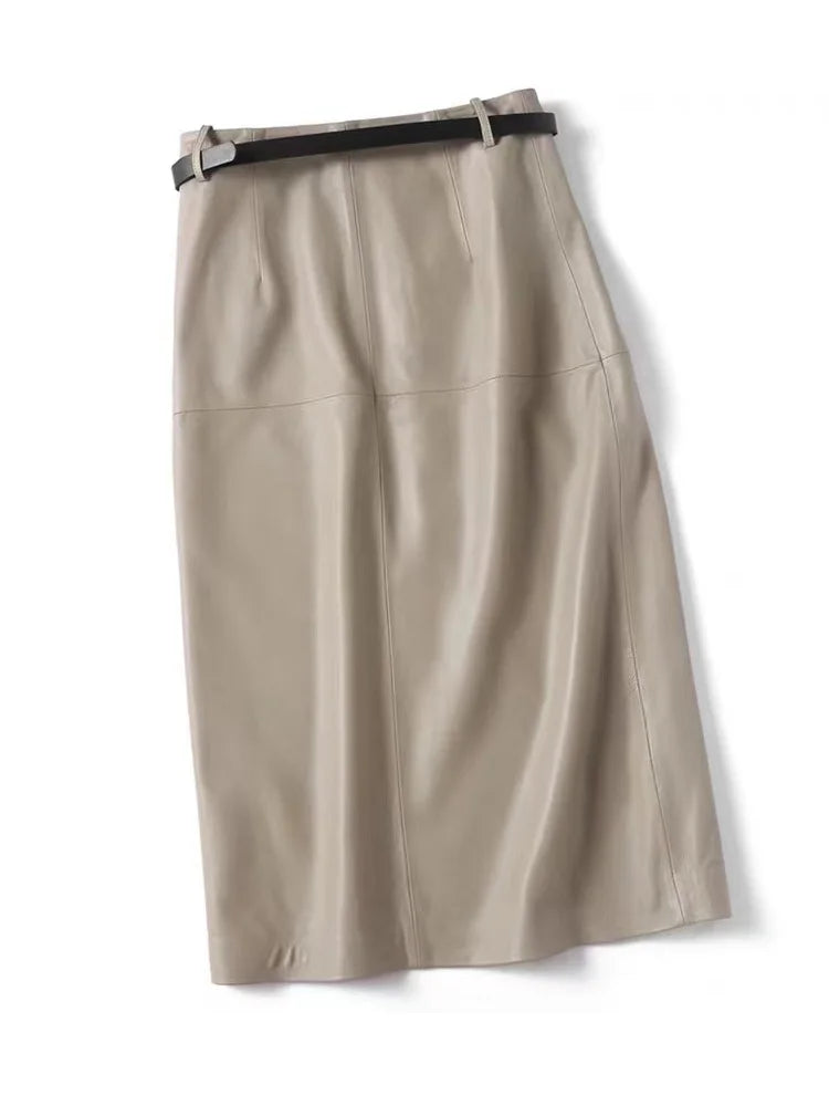 Women Long Leather Skirt 2025 Winter Euro-American Calf Length 100% Sheepskin Slim Pencil Skirt With Belt Femme Front Split Saia