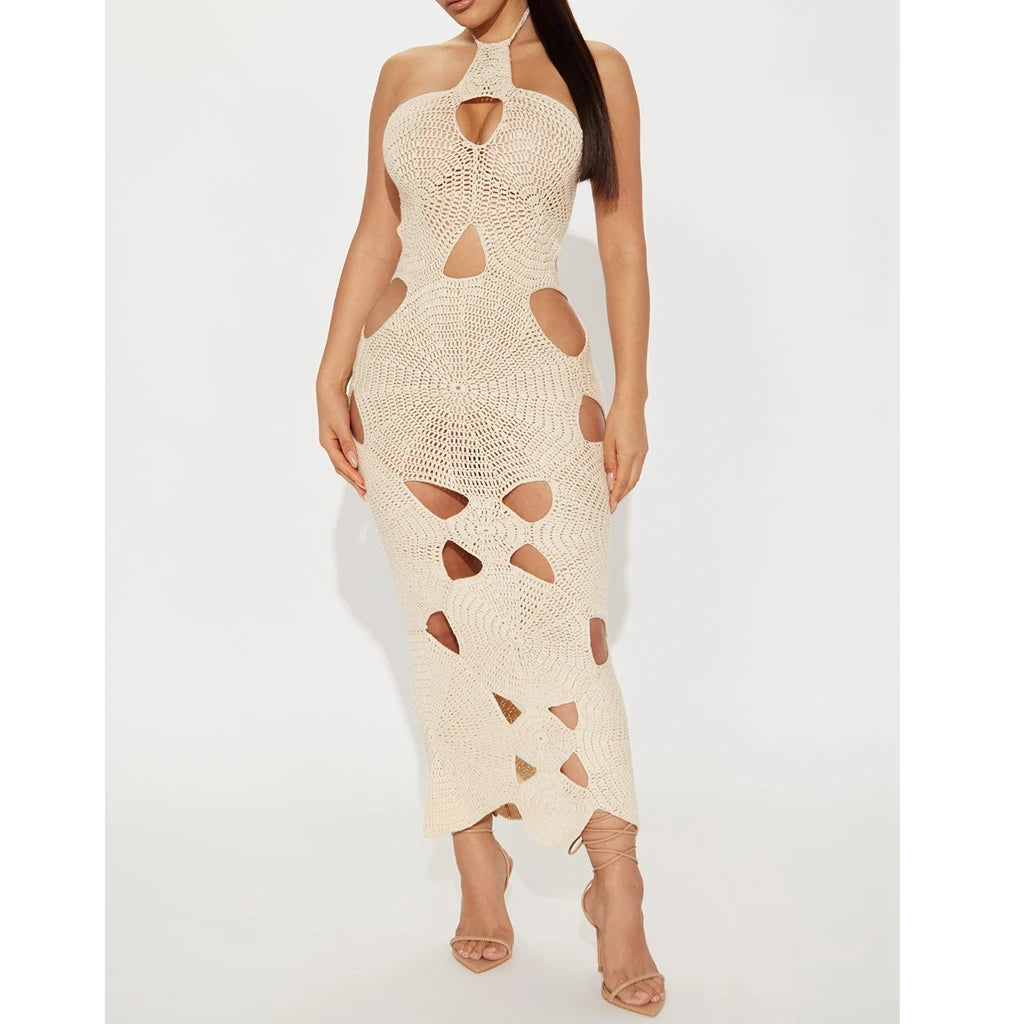 Bungalow Handmade Crochet Midi Dress Cream For Sexy Women Fashion Cut Out Halter Vacation Dress Club Party Hollow Out Dress