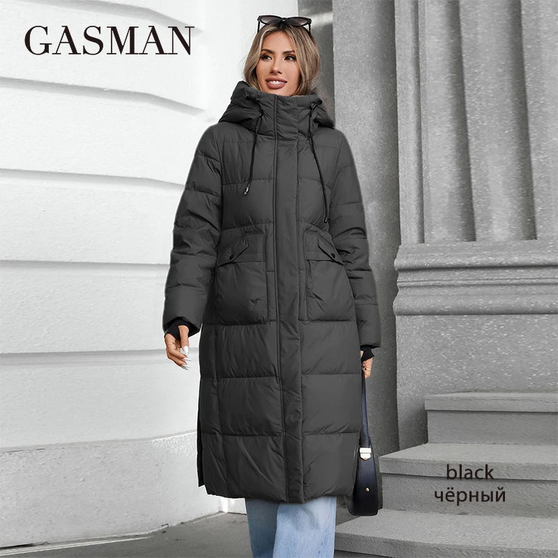 GASMAN 2024 Women's jacket long Fashion Grace women winter down jackets Zipper pocket with belt parka high quality outwear 88602