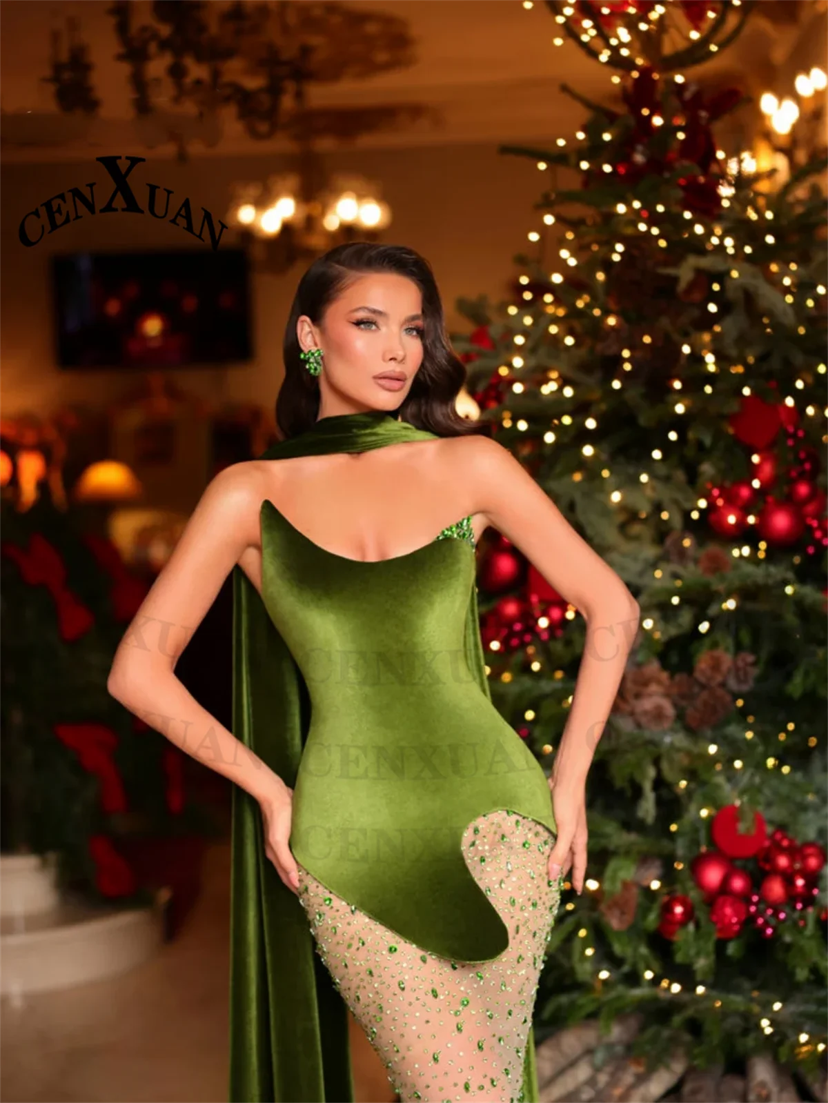CENXUAN Green Women's Evening Dresses Shawl Strapless Crystals Mermaid Saudi Arabian Wedding Guest Dresses Vestido De Customized