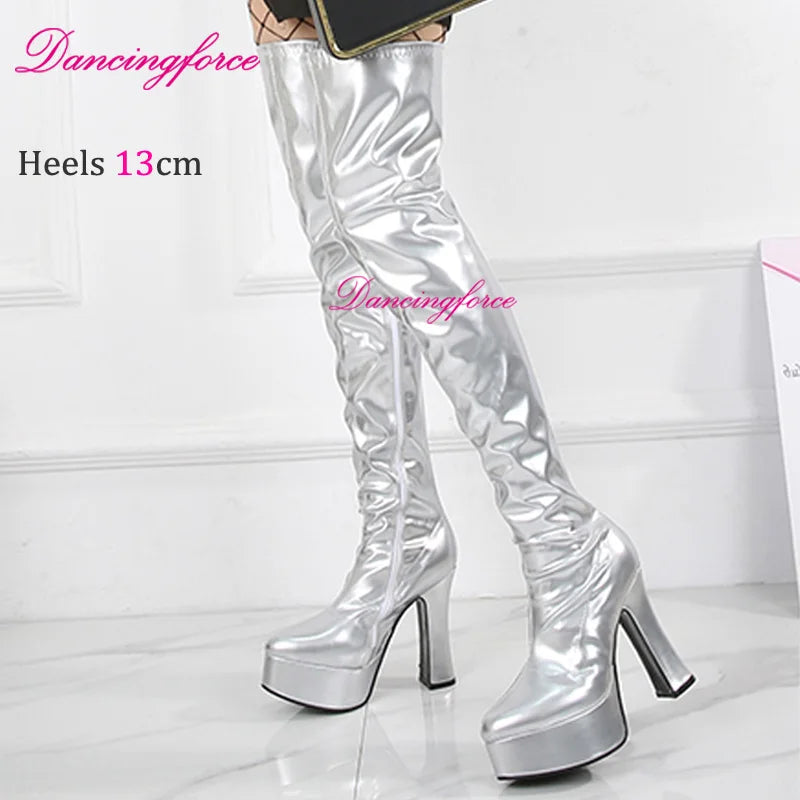 Sexy Green 13cm Chunky Heels Over Knee Boots 3 Buckles Belts Thick Platform Nightclub Party Dance Thigh High Long Boots Women