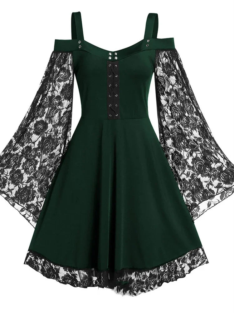 2022 New Gothic One-shoulder Lace Stitching Flared Sleeve Dress Literary Vintage Autumn Grunge Black A-line Dress Punk Partywear