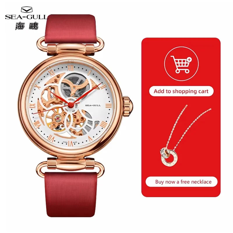 Seagull Fashion Women's Watch Leather Strap Waterproof Skeleton Automatic Mechanical For Ladies Watch Necklace Set 6002L Series