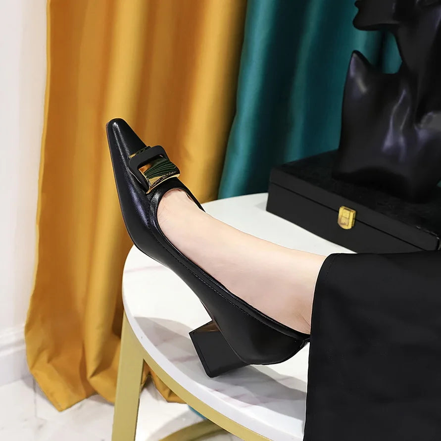 European and American Style Professional Women's Shoes With Shallow Mouth Small Square Toe Metal Buckle 4.5CM Thick Heel Shoes