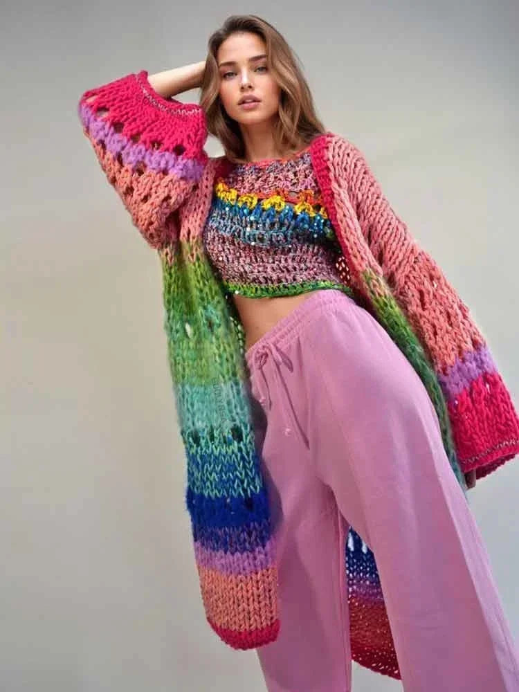 Boho Colorful Luxuriously Handknit Bell Sleeve Crochet Loose Kimono Cardigan 2024 Women Fall Winter Coat Beach Coverup Dress K12